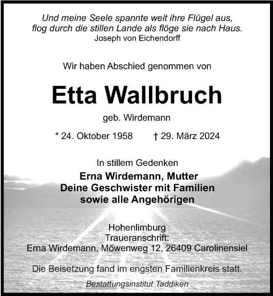 Traueranzeige von Etta Wallbruch von WZ/JW/AH