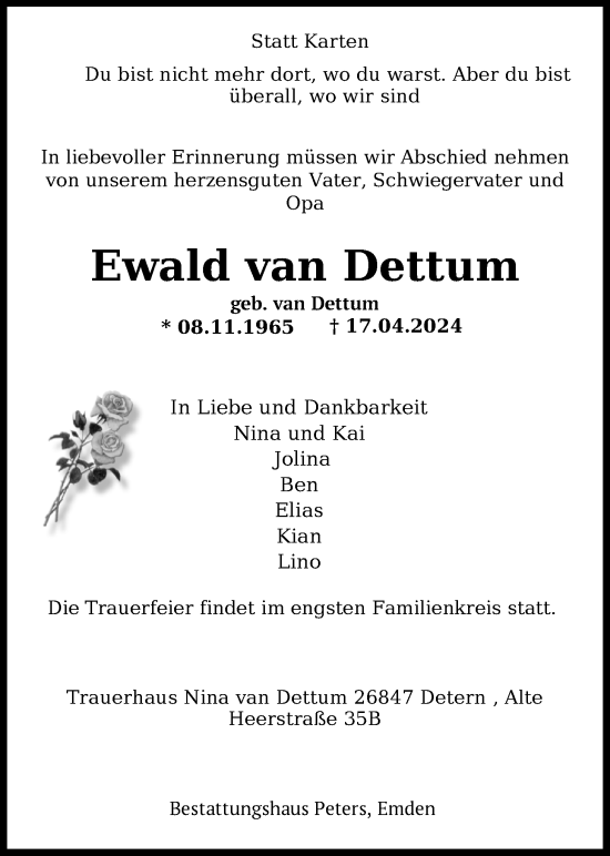 Traueranzeige von Ewald van Dettum von Emder Zeitung