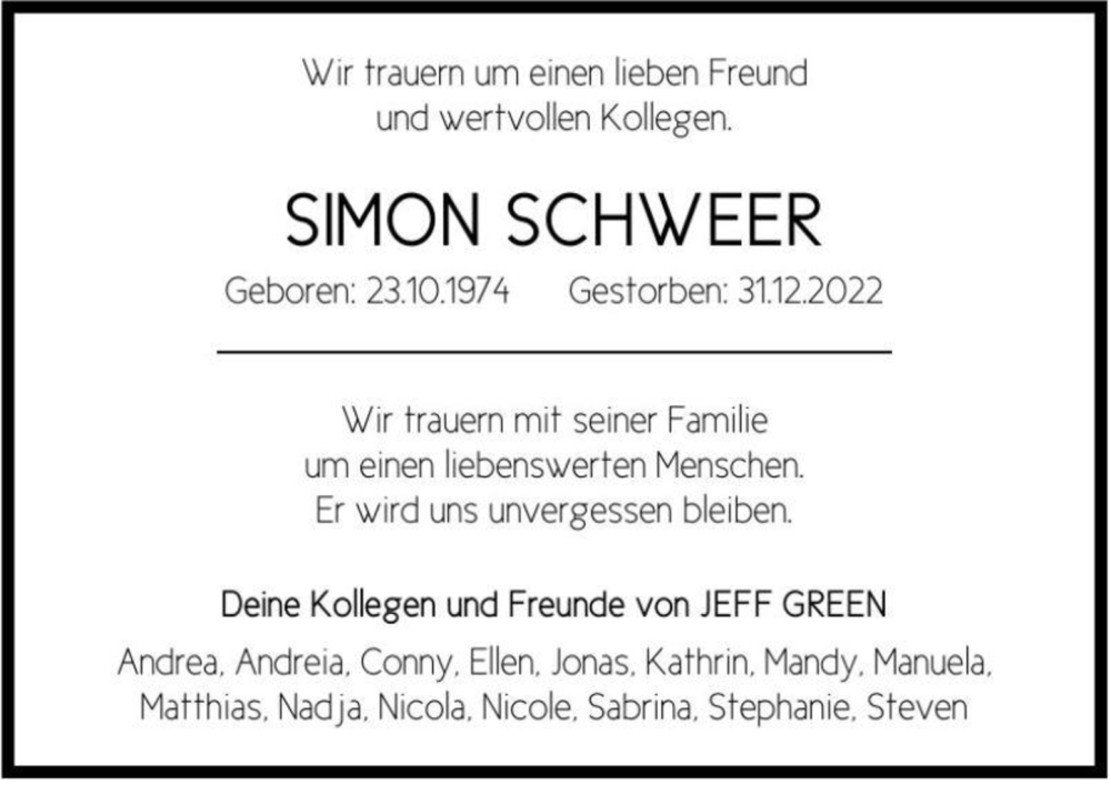  Traueranzeige für Simon Schweer vom 07.01.2023 aus Nordwest-Zeitung