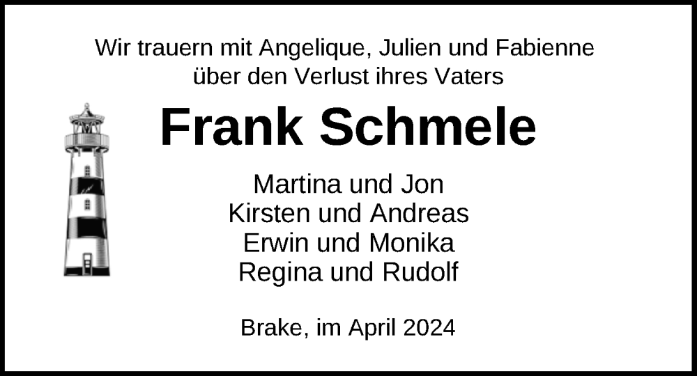  Traueranzeige für Frank Schmele vom 13.04.2024 aus Nordwest-Zeitung