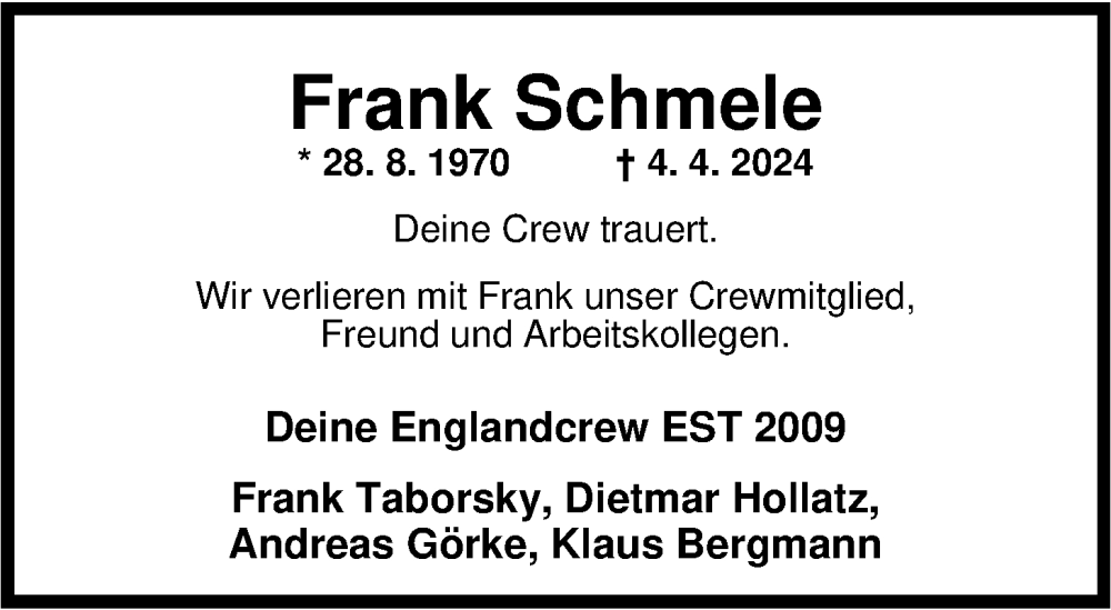  Traueranzeige für Frank Schmele vom 13.04.2024 aus Nordwest-Zeitung