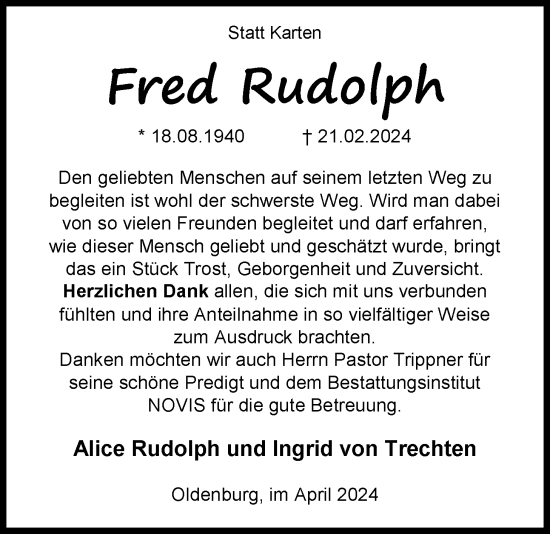 Traueranzeige von Fred Rudolph von Nordwest-Zeitung