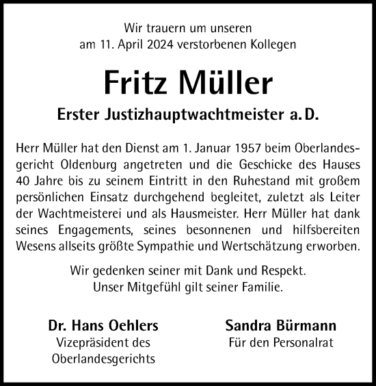 Traueranzeige von Fritz Müller von Nordwest-Zeitung
