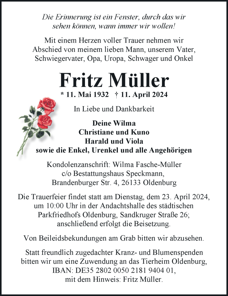  Traueranzeige für Fritz Müller vom 17.04.2024 aus Nordwest-Zeitung