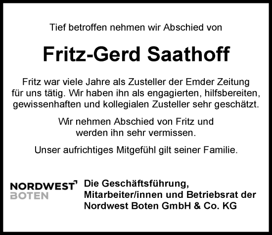 Traueranzeige von Fritz Saathoff von Emder Zeitung
