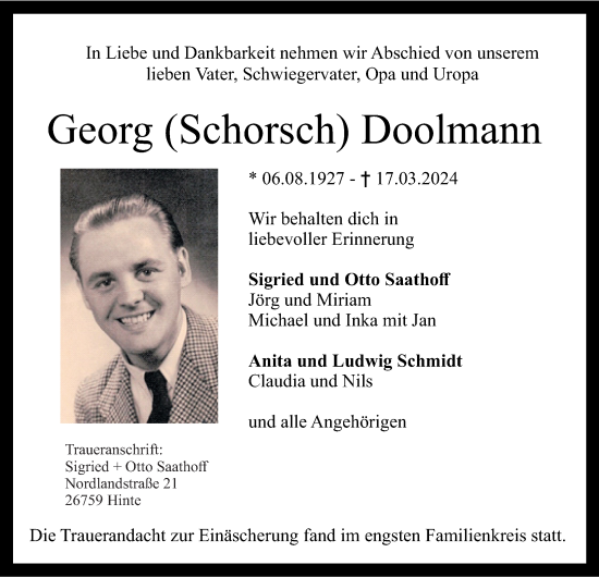 Traueranzeige von Georg Doolmann von Emder Zeitung