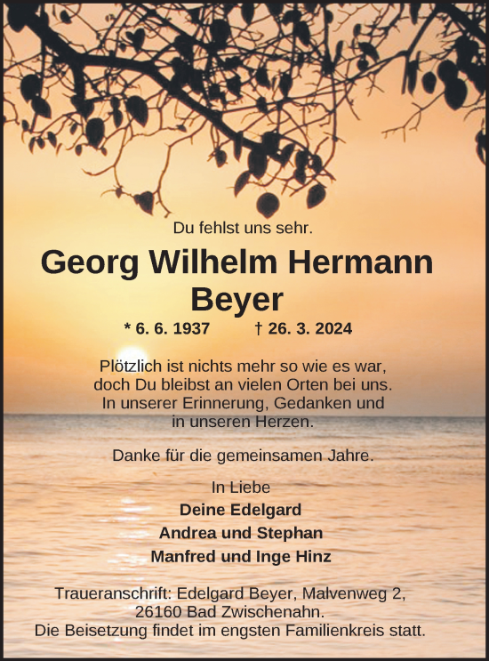 Traueranzeige von Georg Wilhelm Hermann Beyer von Nordwest-Zeitung