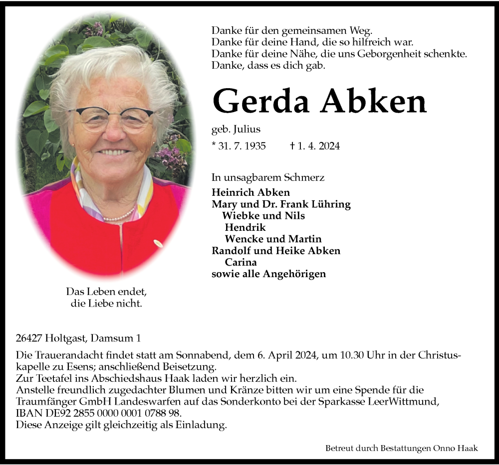  Traueranzeige für Gerda Abken vom 04.04.2024 aus WZ/JW/AH