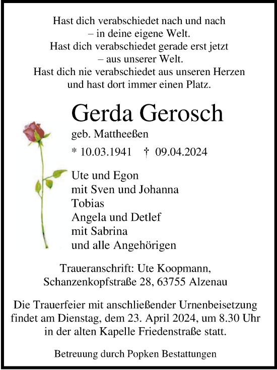Traueranzeige von Gerda Gerosch von WZ/JW/AH