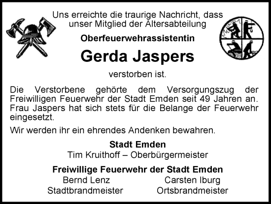 Traueranzeige von Gerda Jaspers von Emder Zeitung