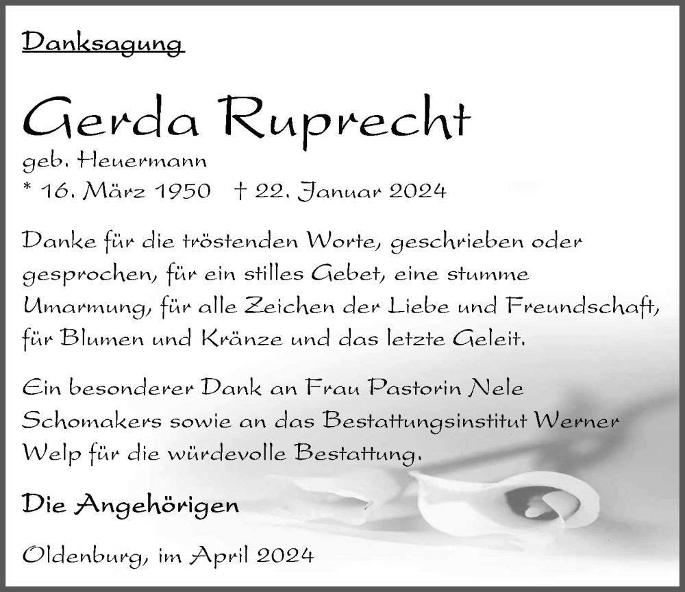  Traueranzeige für Gerda Ruprecht vom 13.04.2024 aus Nordwest-Zeitung