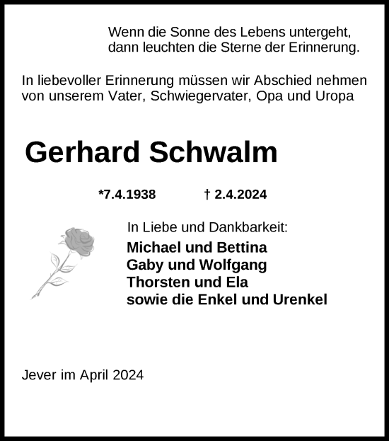 Traueranzeige von Gerhard Schwalm von WZ/JW/AH