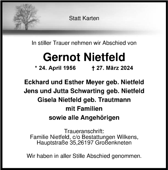 Traueranzeige von Gernot Nietfeld von Nordwest-Zeitung