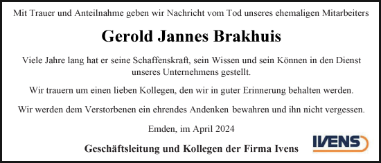 Traueranzeige von Gerold Jannes Brakhuis von Emder Zeitung