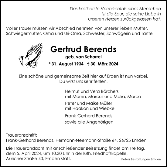 Traueranzeige von Gertrud Berends von Emder Zeitung