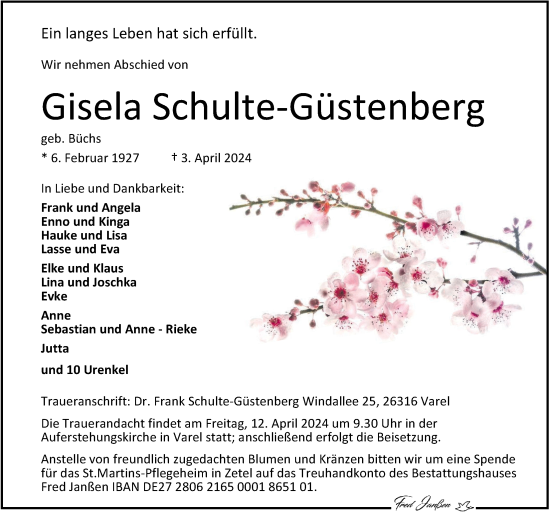 Traueranzeige von Gisela Schulte-Güstenberg von Nordwest-Zeitung