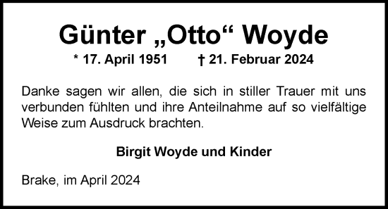 Traueranzeige von Günter Otto Woyde von Nordwest-Zeitung