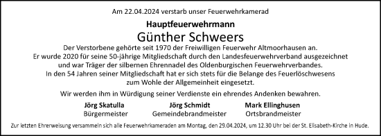 Traueranzeige von Günther Schweers von Nordwest-Zeitung