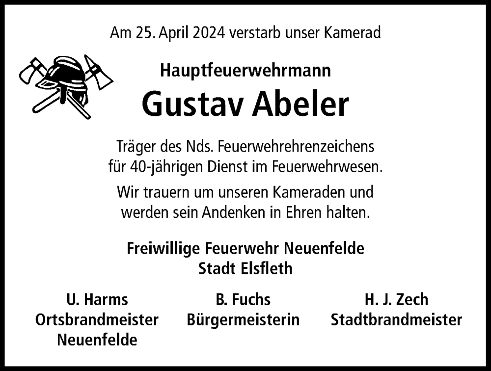  Traueranzeige für Gustav Abeler vom 27.04.2024 aus Nordwest-Zeitung