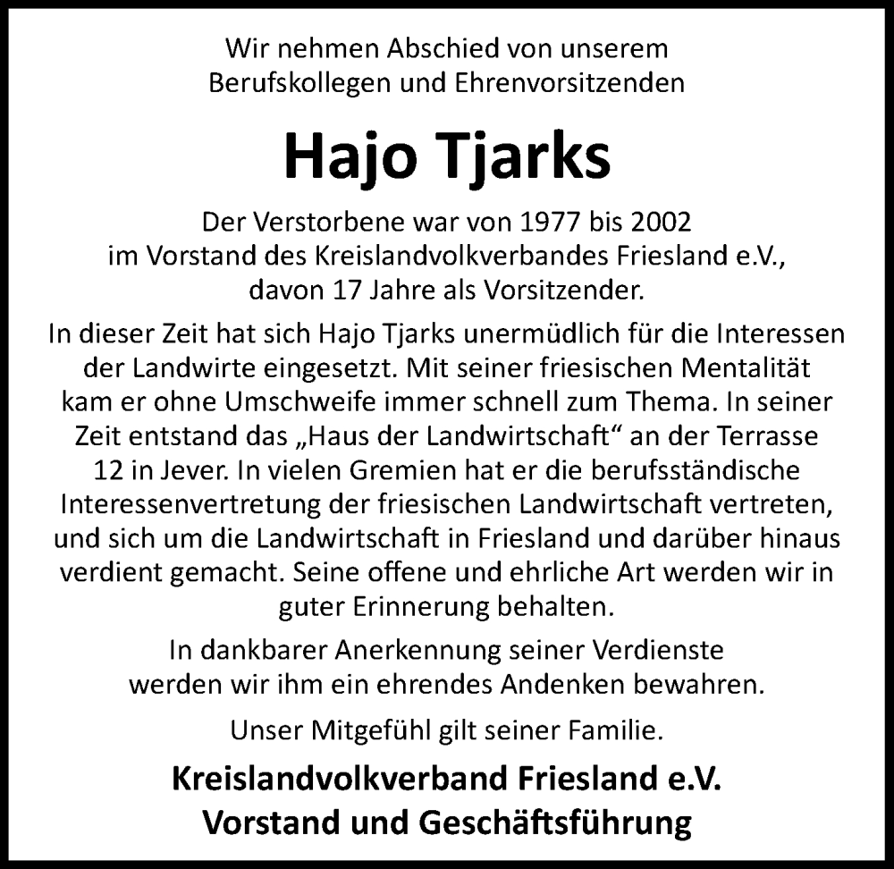  Traueranzeige für Hajo Tjarks vom 20.04.2024 aus Nordwest-Zeitung