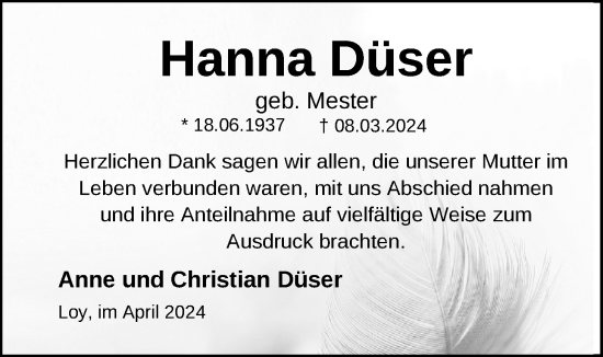Traueranzeige von Hanna Düser von Nordwest-Zeitung