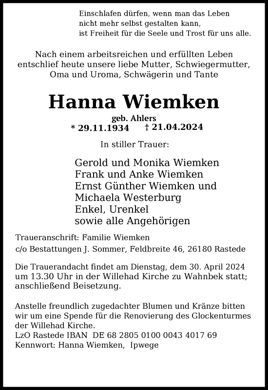 Traueranzeige von Hanna Wiemken von Nordwest-Zeitung