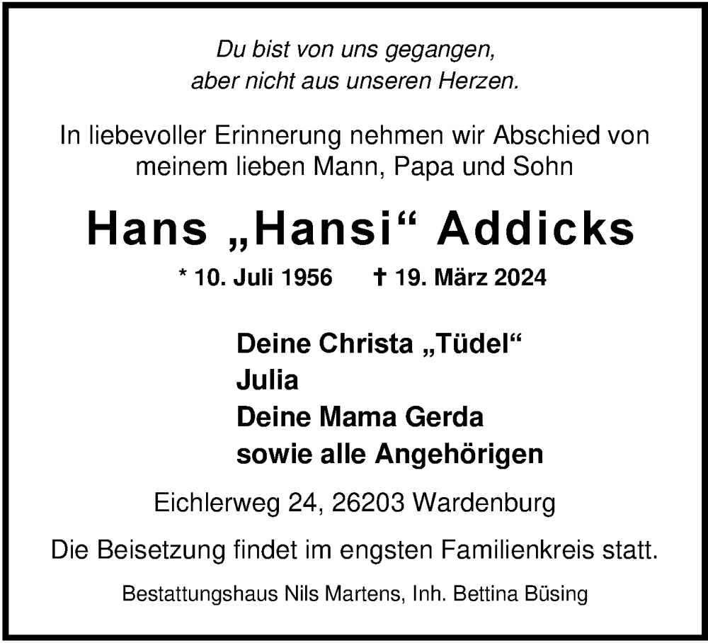  Traueranzeige für Hans Addicks vom 23.03.2024 aus Nordwest-Zeitung