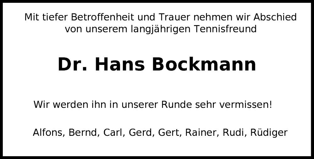  Traueranzeige für Hans Bockmann vom 27.04.2024 aus Nordwest-Zeitung