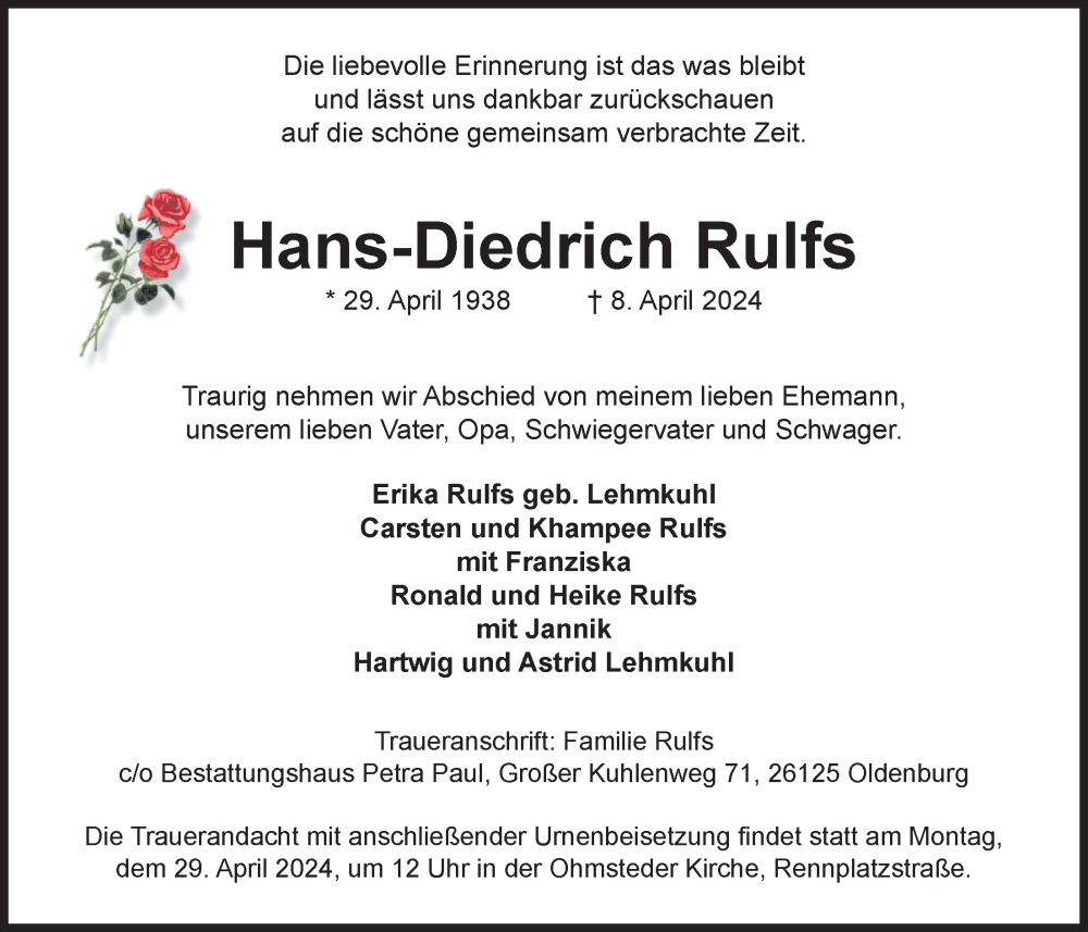  Traueranzeige für Hans-Diedrich Rulfs vom 20.04.2024 aus Nordwest-Zeitung
