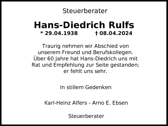 Traueranzeige von Hans-Diedrich Rulfs von Nordwest-Zeitung
