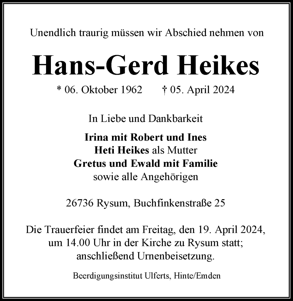  Traueranzeige für Hans-Gerd Heikes vom 13.04.2024 aus Emder Zeitung