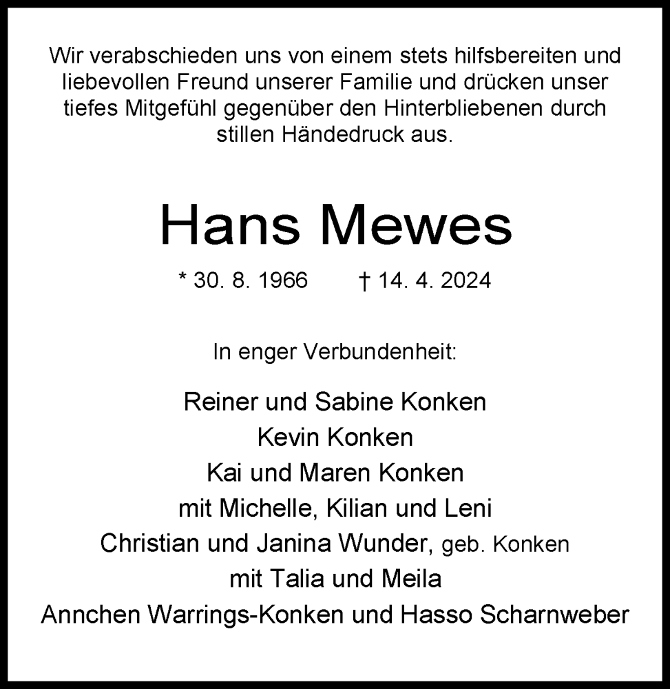  Traueranzeige für Hans Mewes vom 20.04.2024 aus WZ/JW/AH
