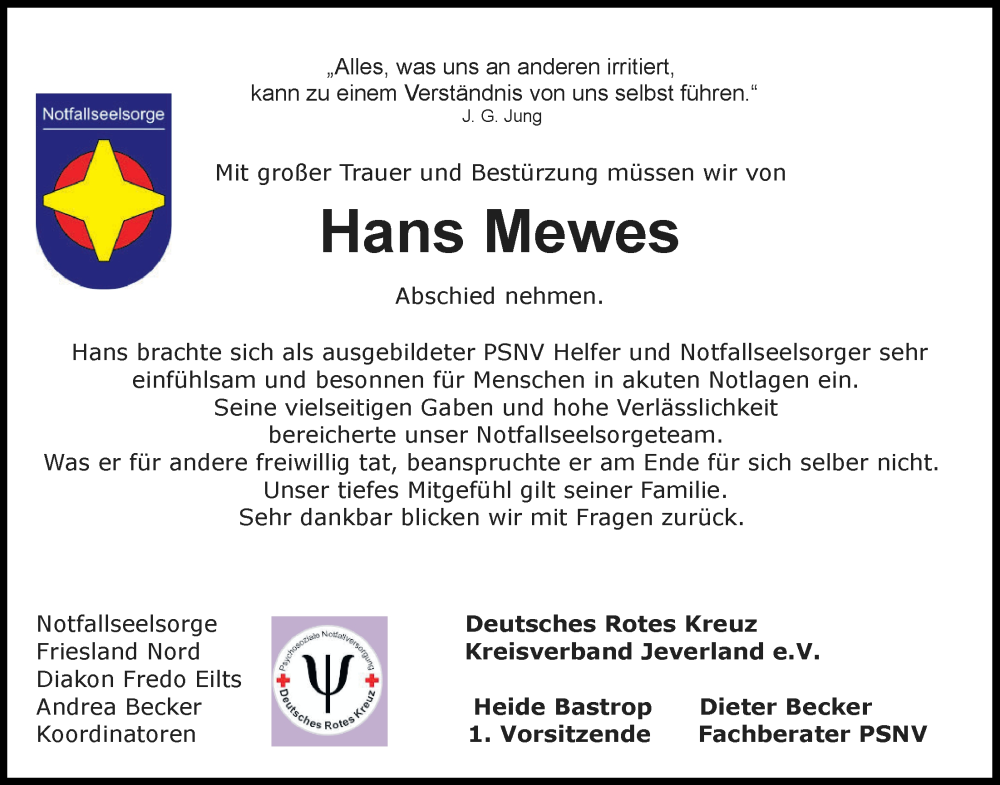  Traueranzeige für Hans Mewes vom 23.04.2024 aus WZ/JW/AH