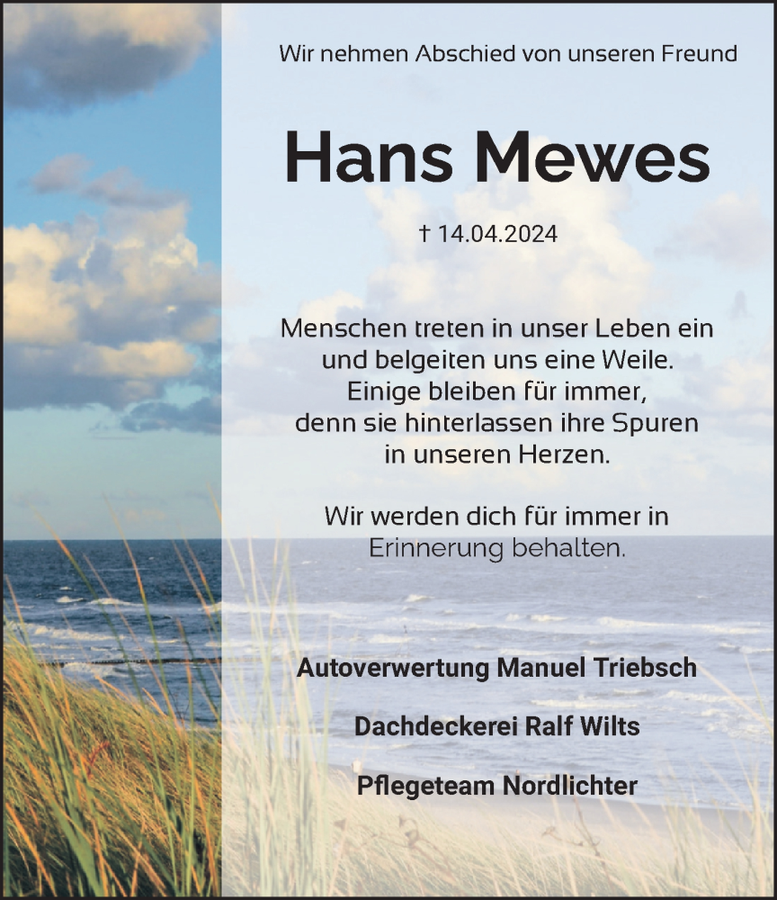  Traueranzeige für Hans Mewes vom 20.04.2024 aus WZ/JW/AH