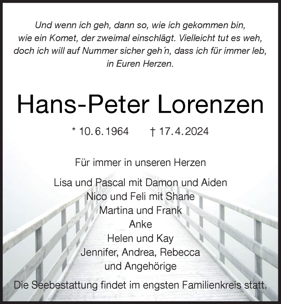 Traueranzeige für Hans-Peter Lorenzen vom 27.04.2024 aus WZ/JW/AH