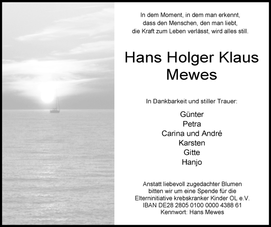 Traueranzeige von Hans Holger Klaus Mewes von WZ/JW/AH