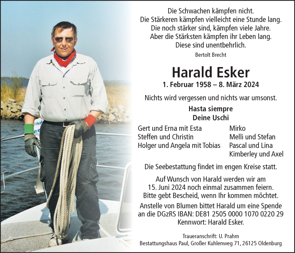  Traueranzeige für Harald Esker vom 06.04.2024 aus Nordwest-Zeitung