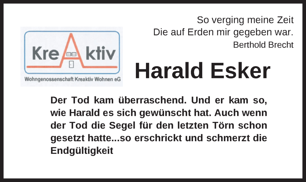  Traueranzeige für Harald Esker vom 06.04.2024 aus Nordwest-Zeitung