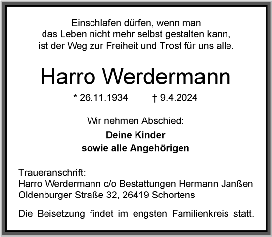 Traueranzeige von Harro Werdermann von WZ/JW/AH