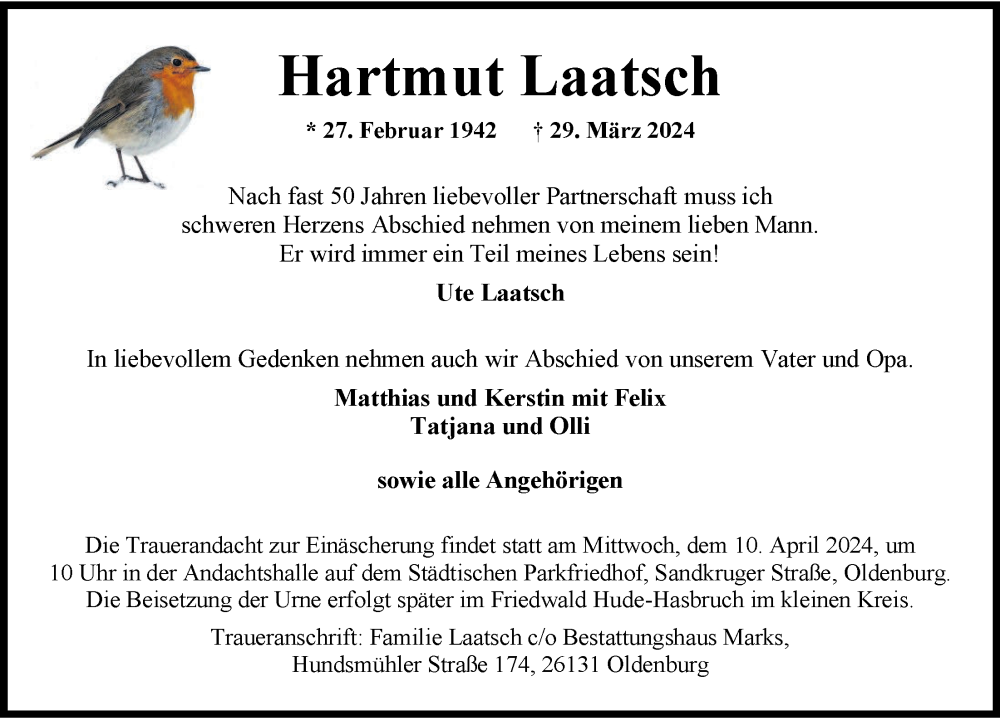  Traueranzeige für Hartmut Laatsch vom 05.04.2024 aus Nordwest-Zeitung