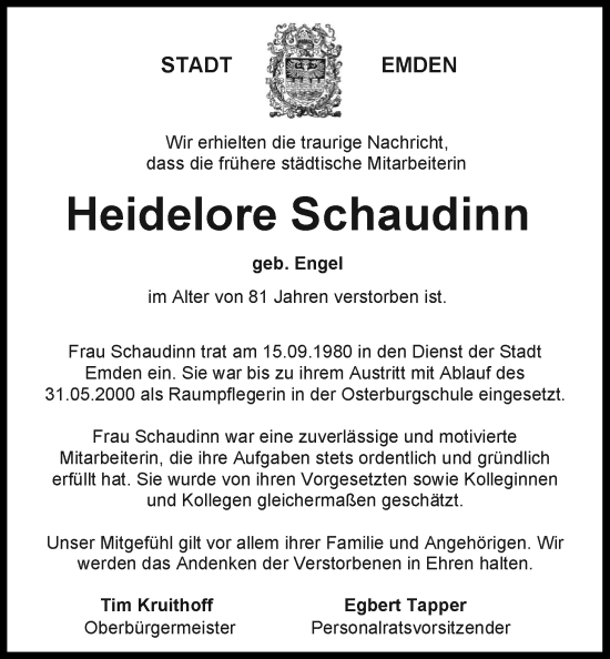 Traueranzeige von Heidelore Schaudinn von Emder Zeitung