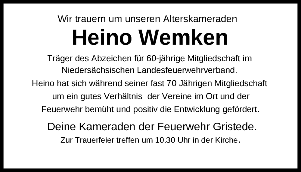  Traueranzeige für Heino Wemken vom 04.04.2024 aus Nordwest-Zeitung