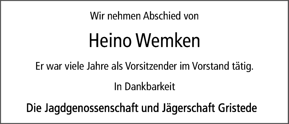  Traueranzeige für Heino Wemken vom 04.04.2024 aus Nordwest-Zeitung