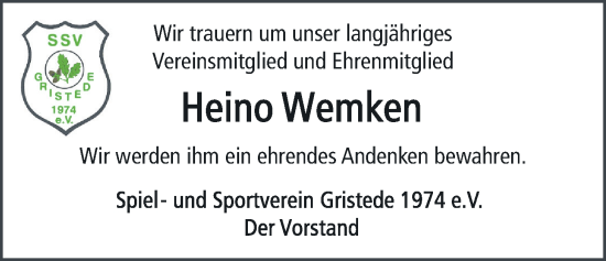 Traueranzeige von Heino Wemken von Nordwest-Zeitung