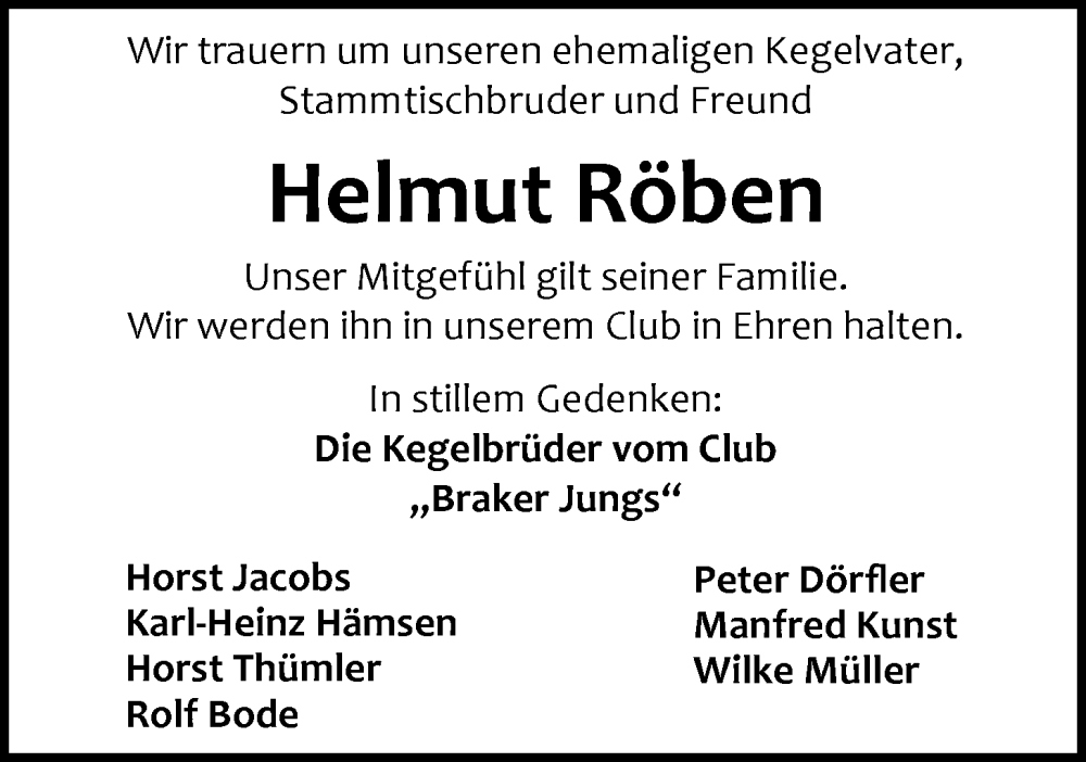  Traueranzeige für Helmut Röben vom 16.04.2024 aus Nordwest-Zeitung