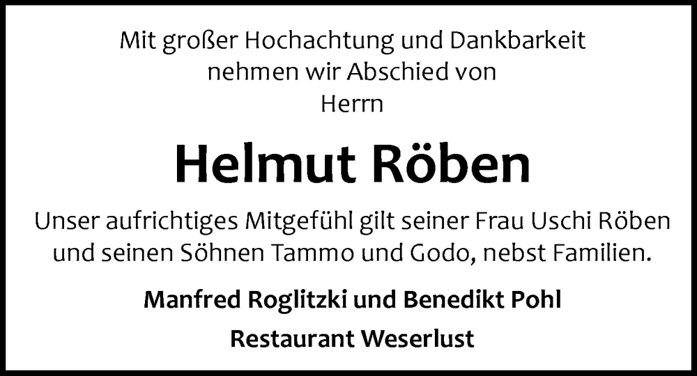  Traueranzeige für Helmut Röben vom 16.04.2024 aus Nordwest-Zeitung