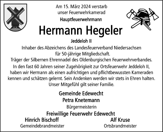 Traueranzeige von Hermann Hegeler von Nordwest-Zeitung