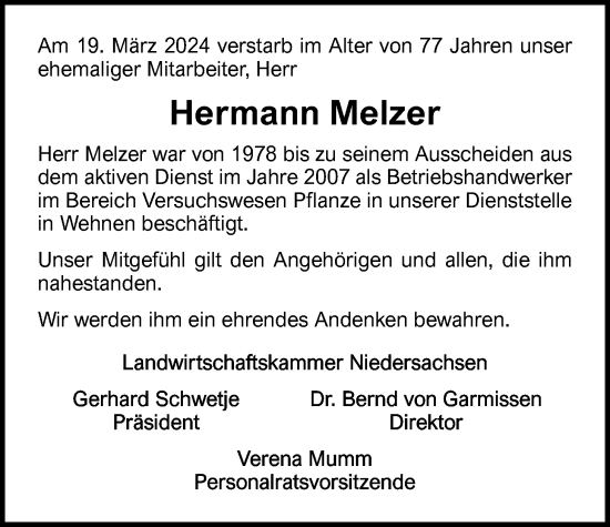 Traueranzeige von Hermann Melzer von Nordwest-Zeitung