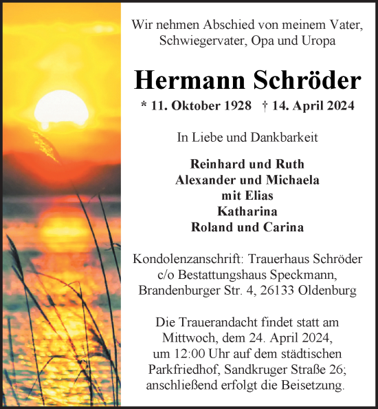 Traueranzeige von Hermann Schröder von Nordwest-Zeitung