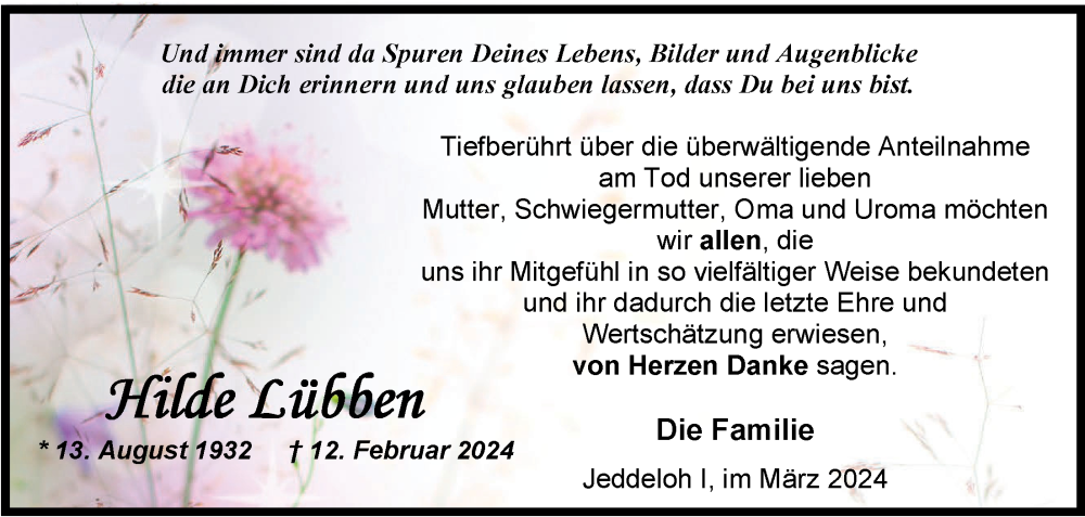  Traueranzeige für Hilde Lübben vom 23.03.2024 aus Nordwest-Zeitung